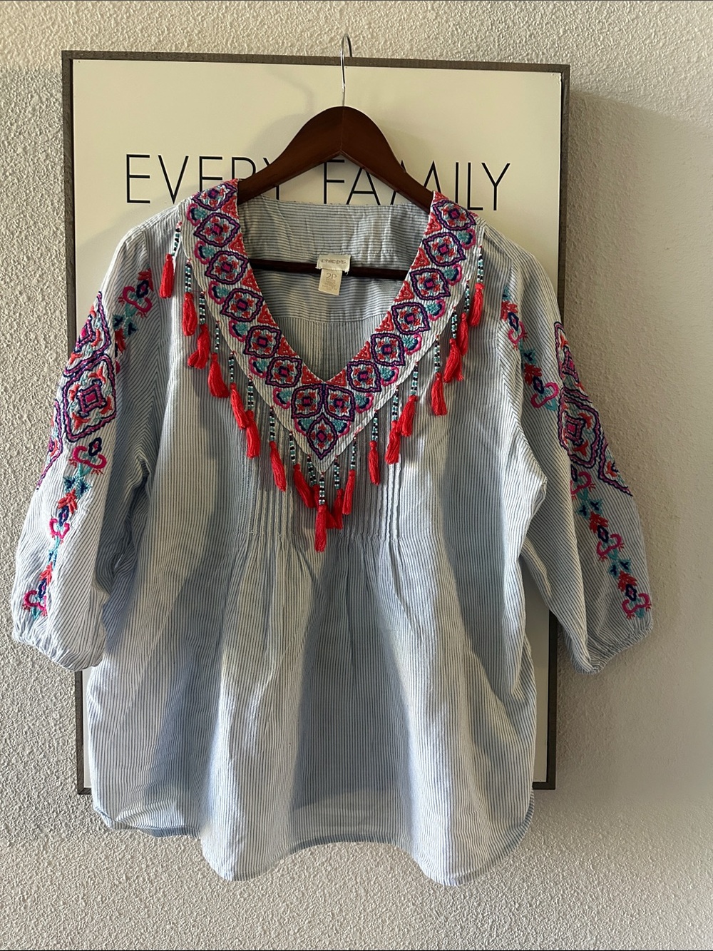 Chico's Light Blue Striped Embroidered V-Neck Tunic with Red Tassels